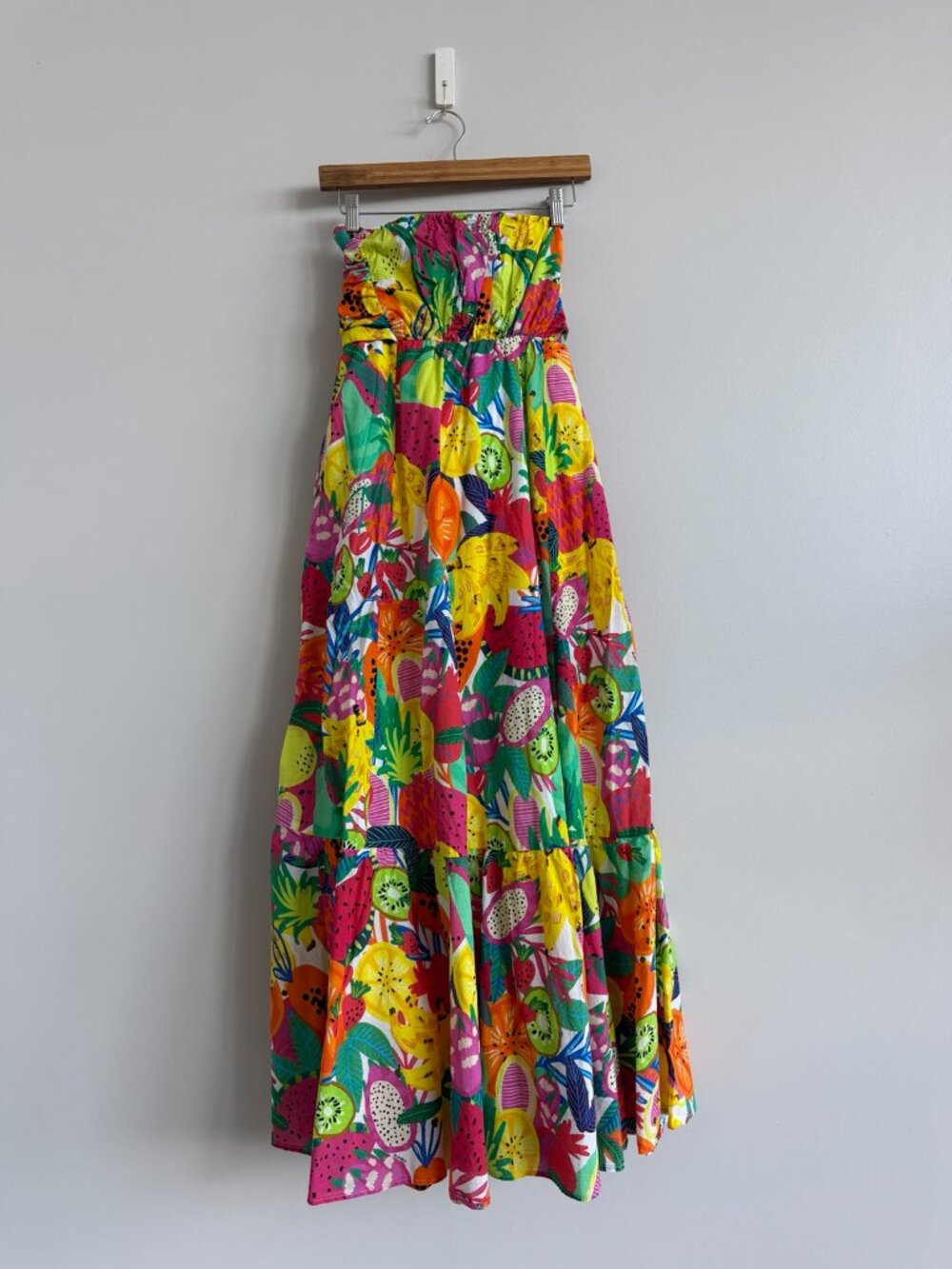 Vilagallo Frutas Voile Fruit Print Strapless Maxi Dress 42 Cotton Resort NWOT